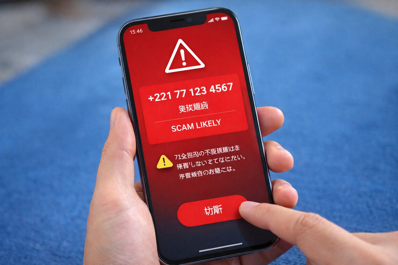 不審な国際電話への注意を促す画像。スマートフォン画面に警告や迷惑電話表示が出ている無料素材向けイメージ