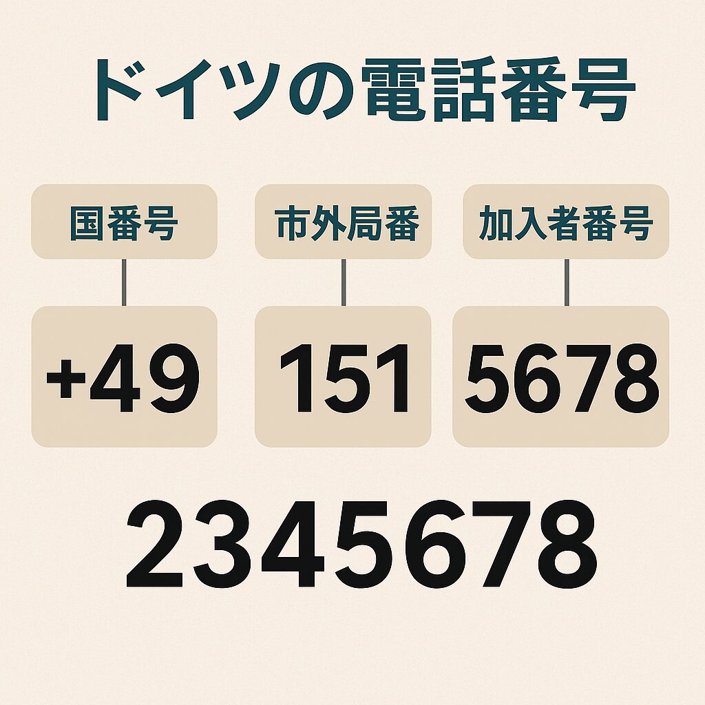 ドイツの電話番号の構造を示した図解イメージ（国番号49、市外局番、携帯番号の例をまとめた無料素材風の図）