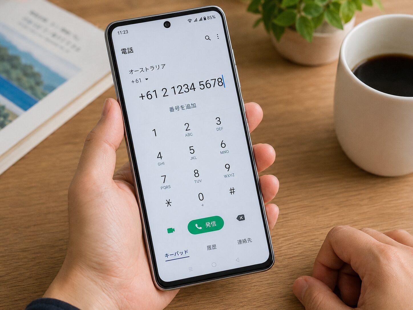 auスマホで国番号を入力して国際電話をかけようとしている写真