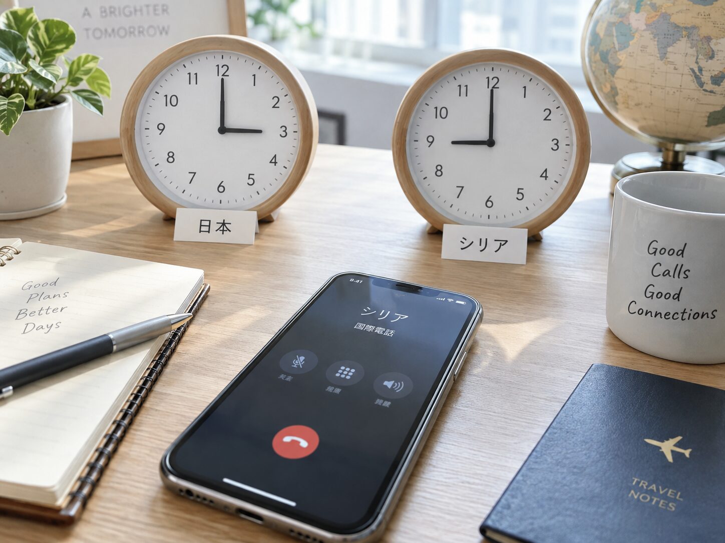 日本とシリアの時差を示す2つの時計とスマートフォンを写した写真。国際電話をかける時間帯を説明する記事に合う無料素材
