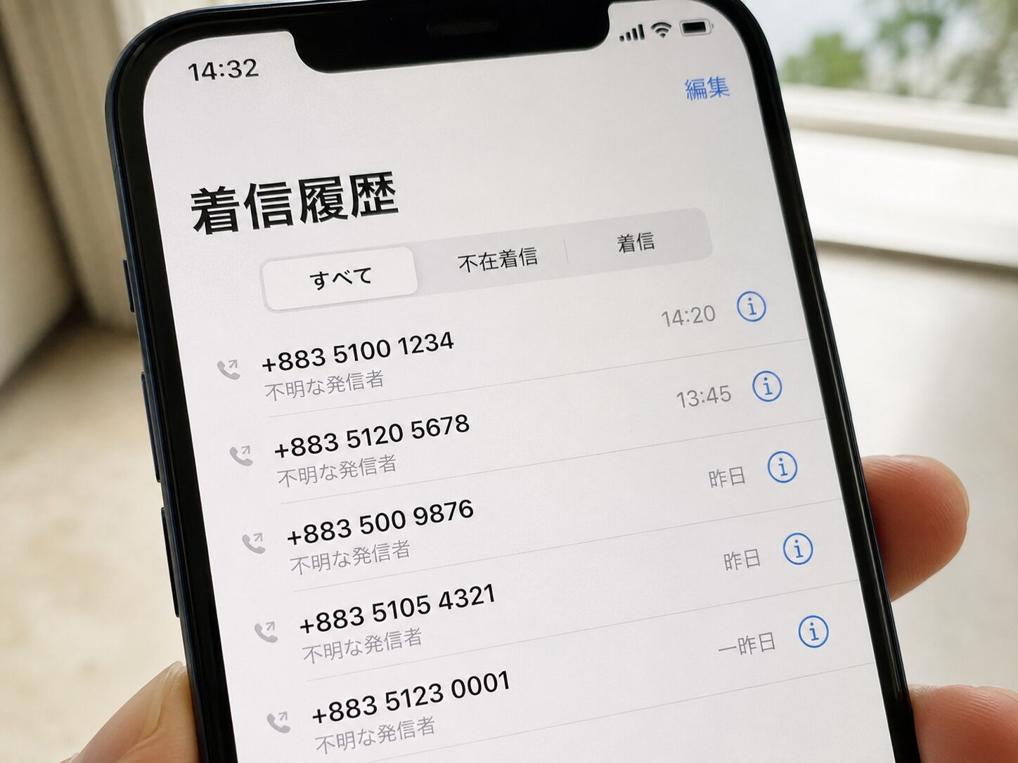 スマートフォンの着信履歴に+8835から始まる海外番号が表示されているイメージ写真
