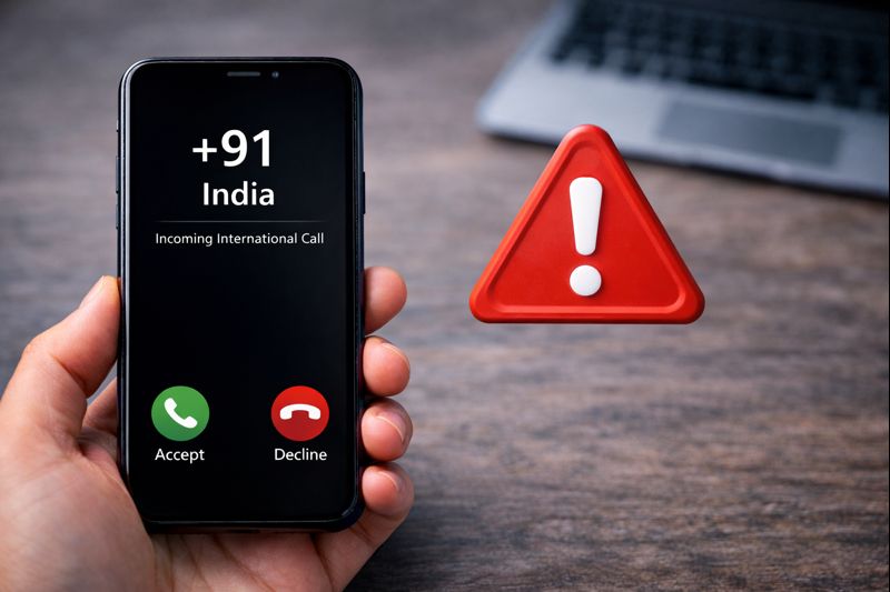 国際電話の着信に注意する様子を表したスマートフォンと警告マークの無料イメージ画像