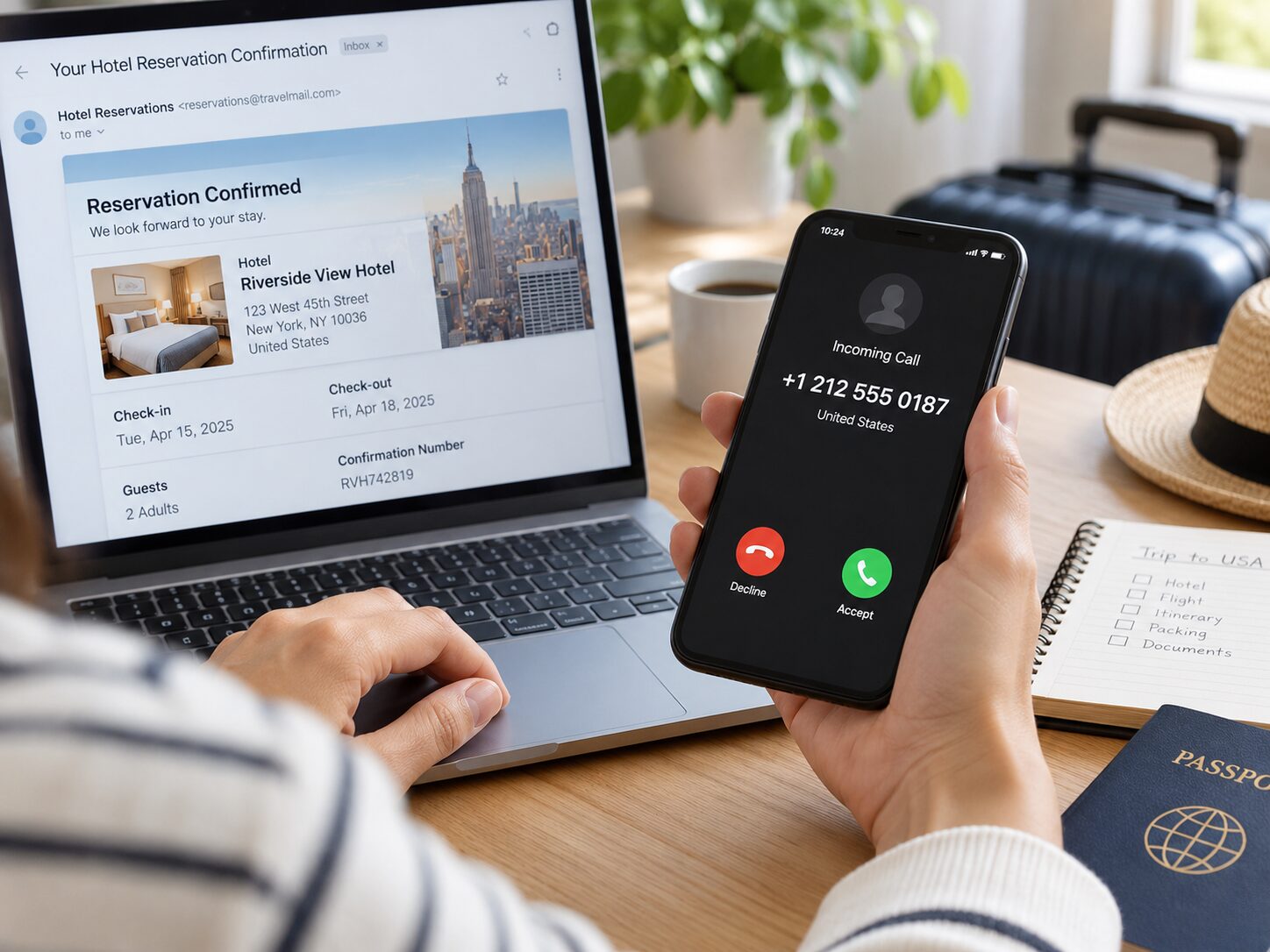 スマートフォンに+1から始まる国際電話の着信が表示され、利用者がアメリカのホテル予約メールと電話番号を照合している写真。海外からの不審電話対策を説明する無料素材