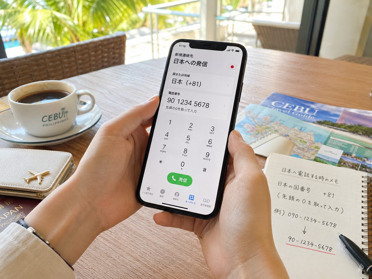 セブ滞在中の旅行者がスマートフォンで日本の国番号+81と電話番号を確認している写真