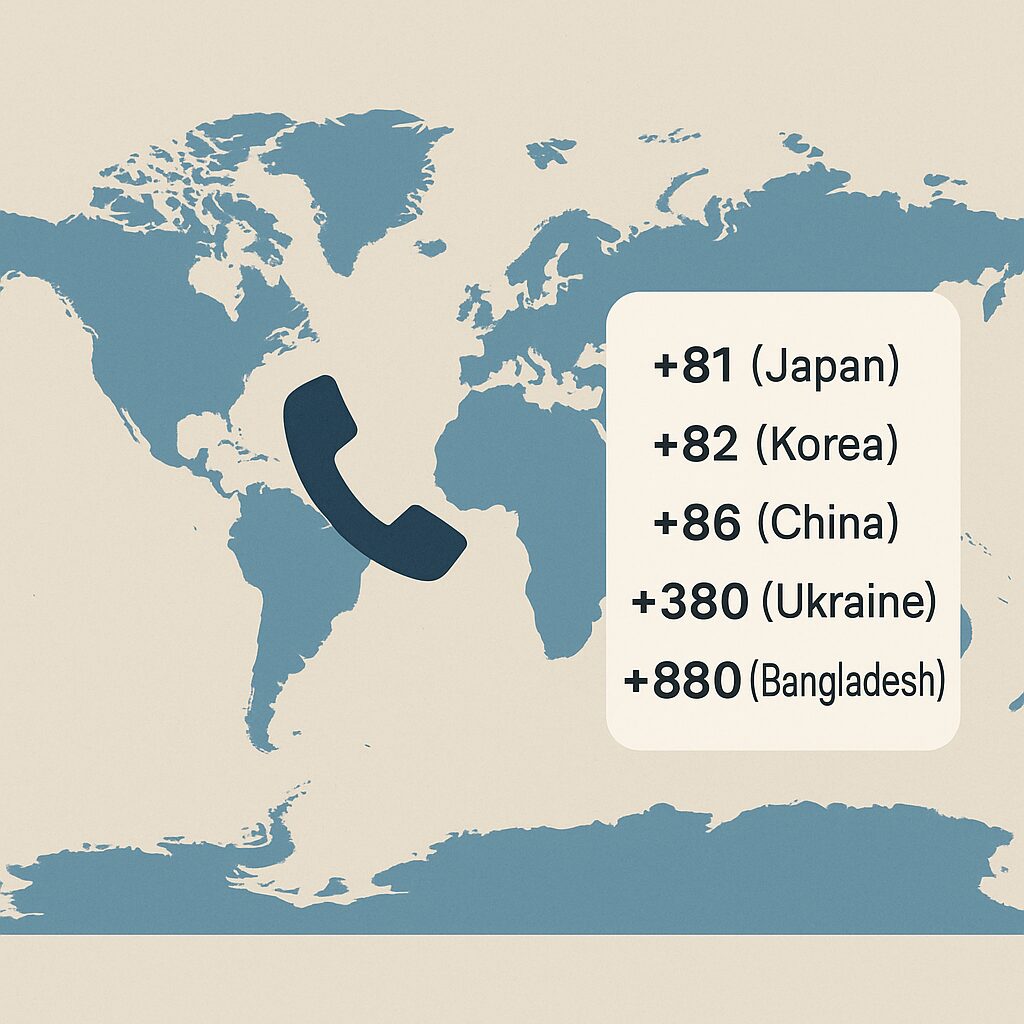 世界地図と電話アイコン、複数の国番号が並んでいるリストをイメージしたイラスト