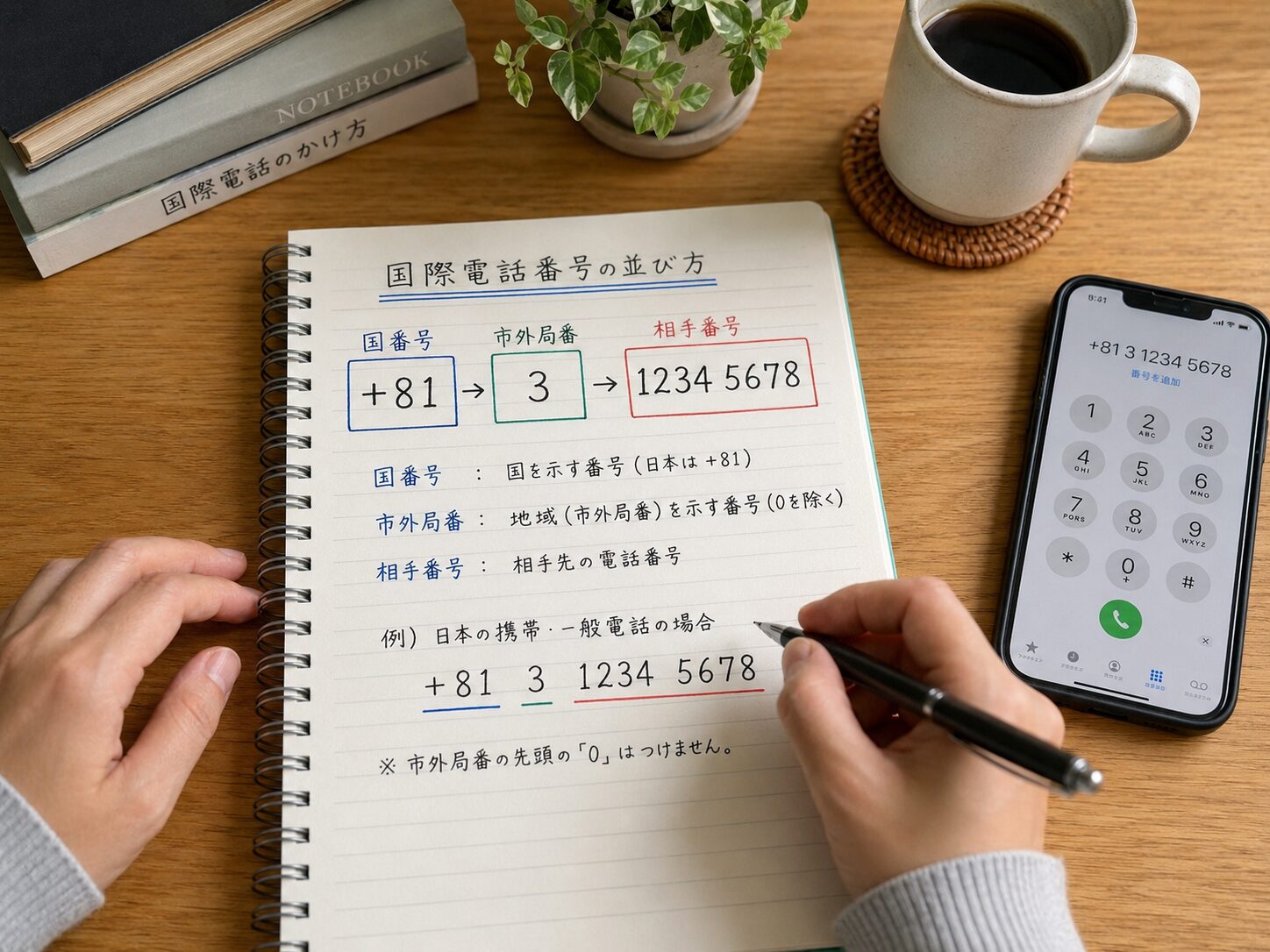 国番号と市外局番と相手番号の並びをノートに整理している写真