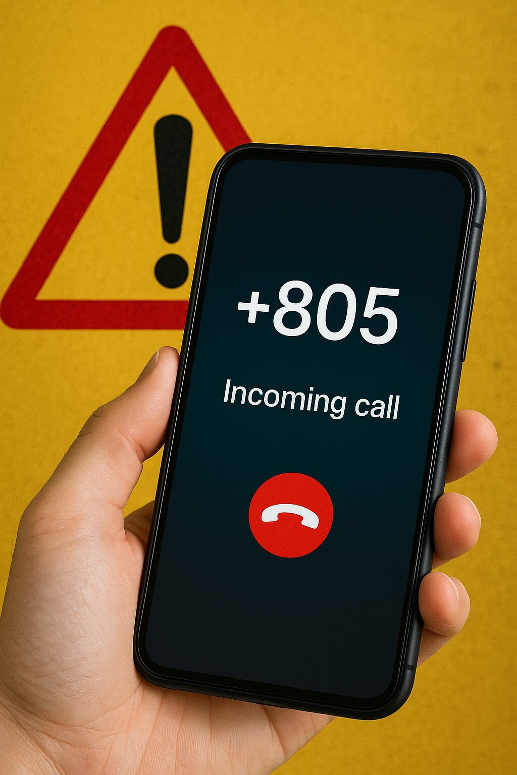 スマートフォンに+805からの着信が表示されている警戒イメージ。背景に警告マークがある。