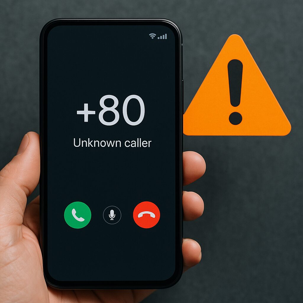 スマートフォンに不審な国際番号からの着信があり、注意マークが表示されているイメージ。