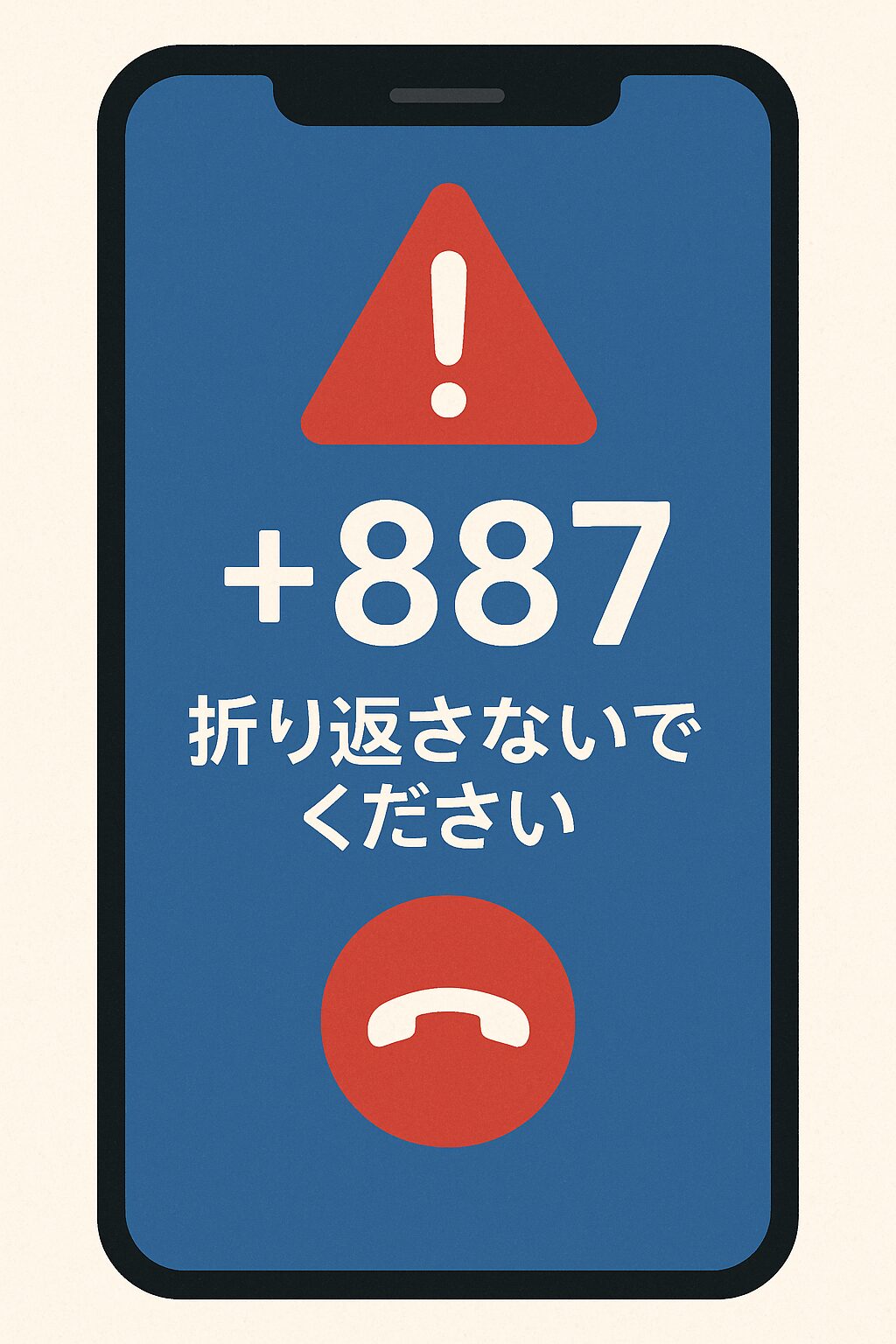 スマートフォン画面に+887の警告表示が出ているイメージ。折り返さないよう注意喚起するビジュアル