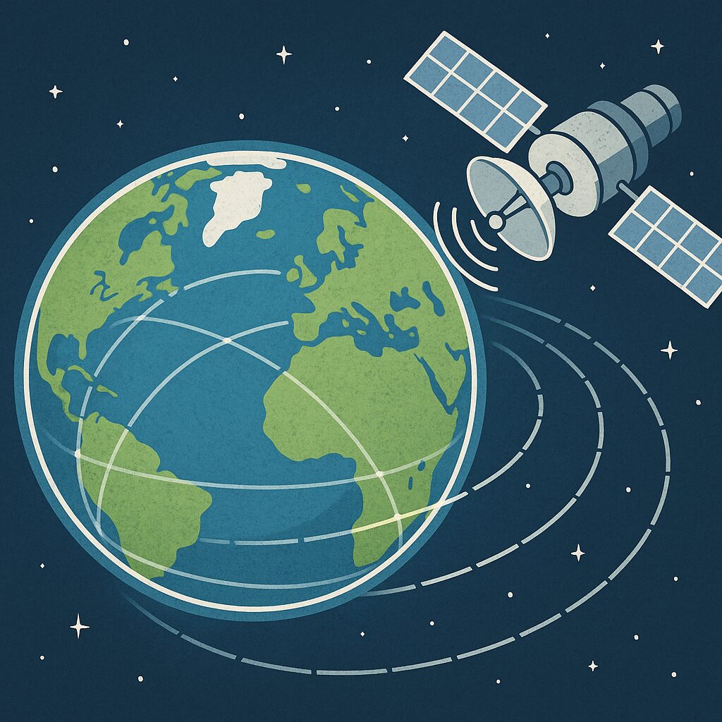 地球と衛星通信ネットワークを示すイメージ。衛星回線を経由する通話の図解。