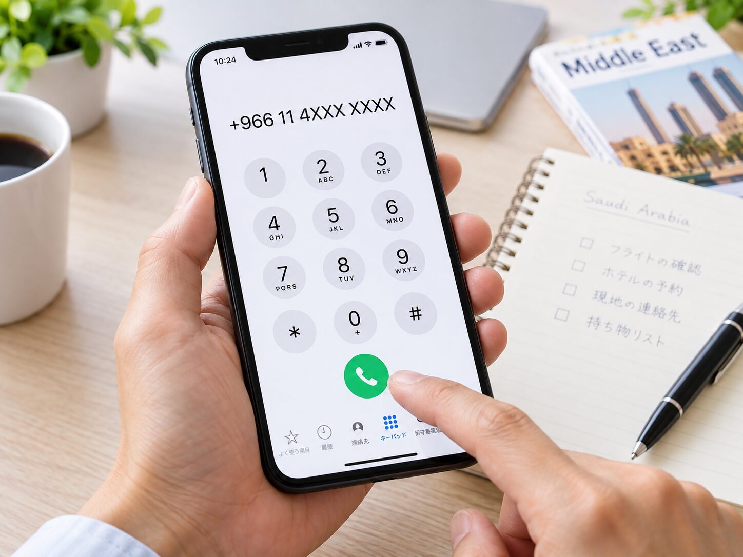 スマートフォンの電話アプリで+966 11から始まるサウジアラビアの固定電話番号を入力している手元の写真。国際電話の入力手順を説明する無料素材