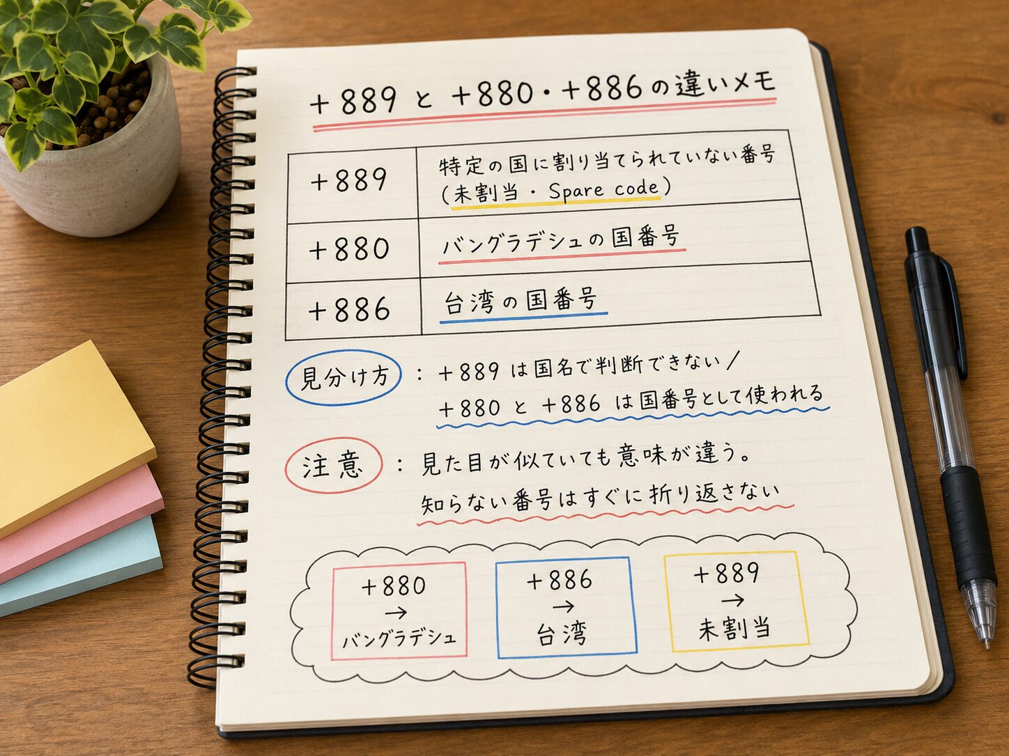 ノートに+889と+880や+886の違いを整理している確認メモの写真