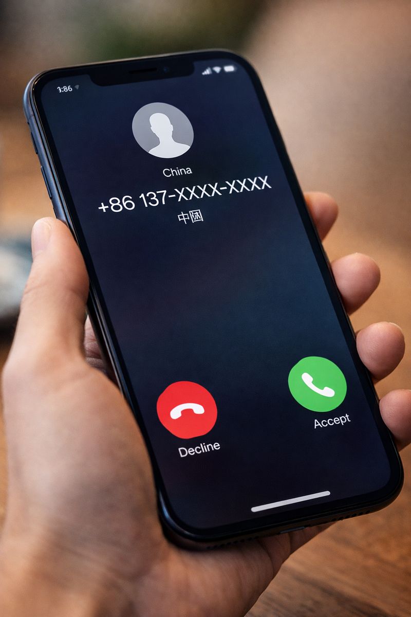 スマートフォンに表示された国番号86からの着信画面のイメージ写真