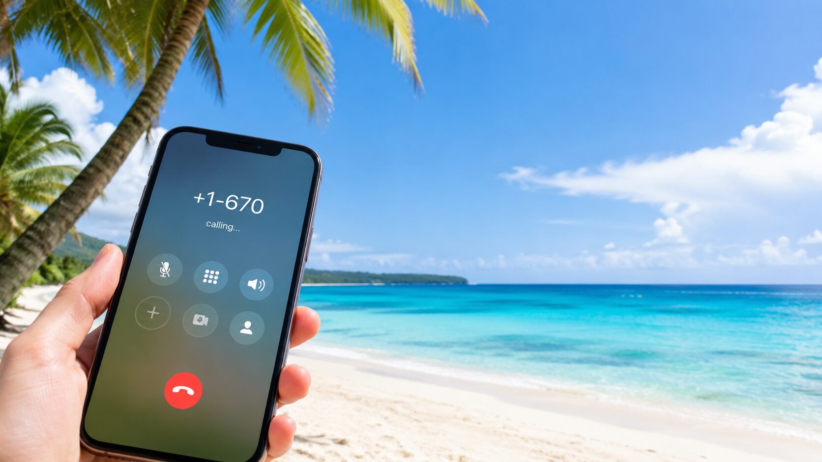 サイパンの海とスマートフォンの国際電話画面を並べたイメージ。無料写真素材で、南国のビーチ、スマホ、電話アイコン、海外旅行の雰囲気が分かる画像を使用する