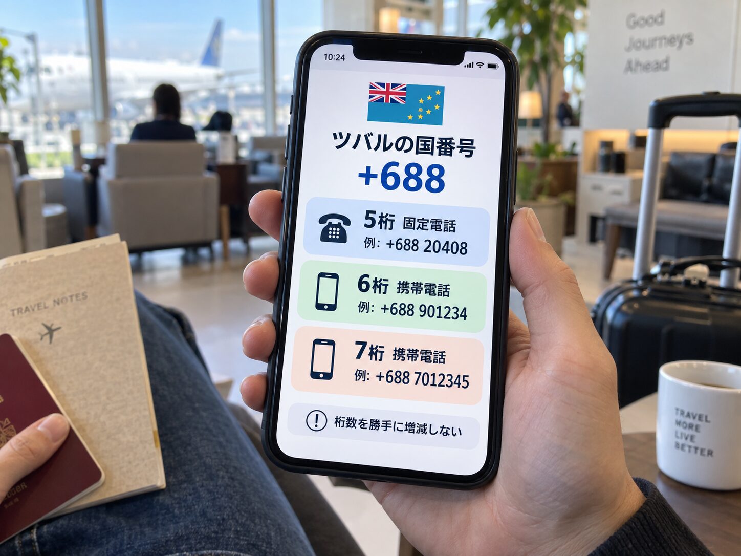 スマートフォンにツバルの国番号+688と5桁・6桁・7桁の電話番号例を表示して桁数を比較している旅行者の写真
