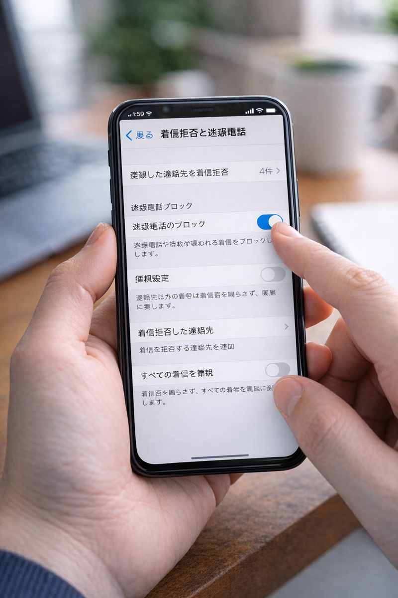 スマートフォンで迷惑電話を着信拒否している操作画面のイメージ画像(無料素材:着信拒否設定や迷惑電話ブロックの画面)