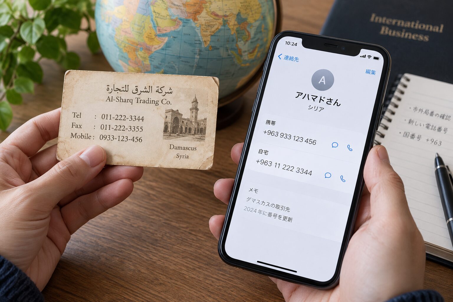 古い名刺に記載された海外電話番号とスマートフォンの最新電話番号を見比べている写真。市外局番変更の確認をイメージできる無料素材