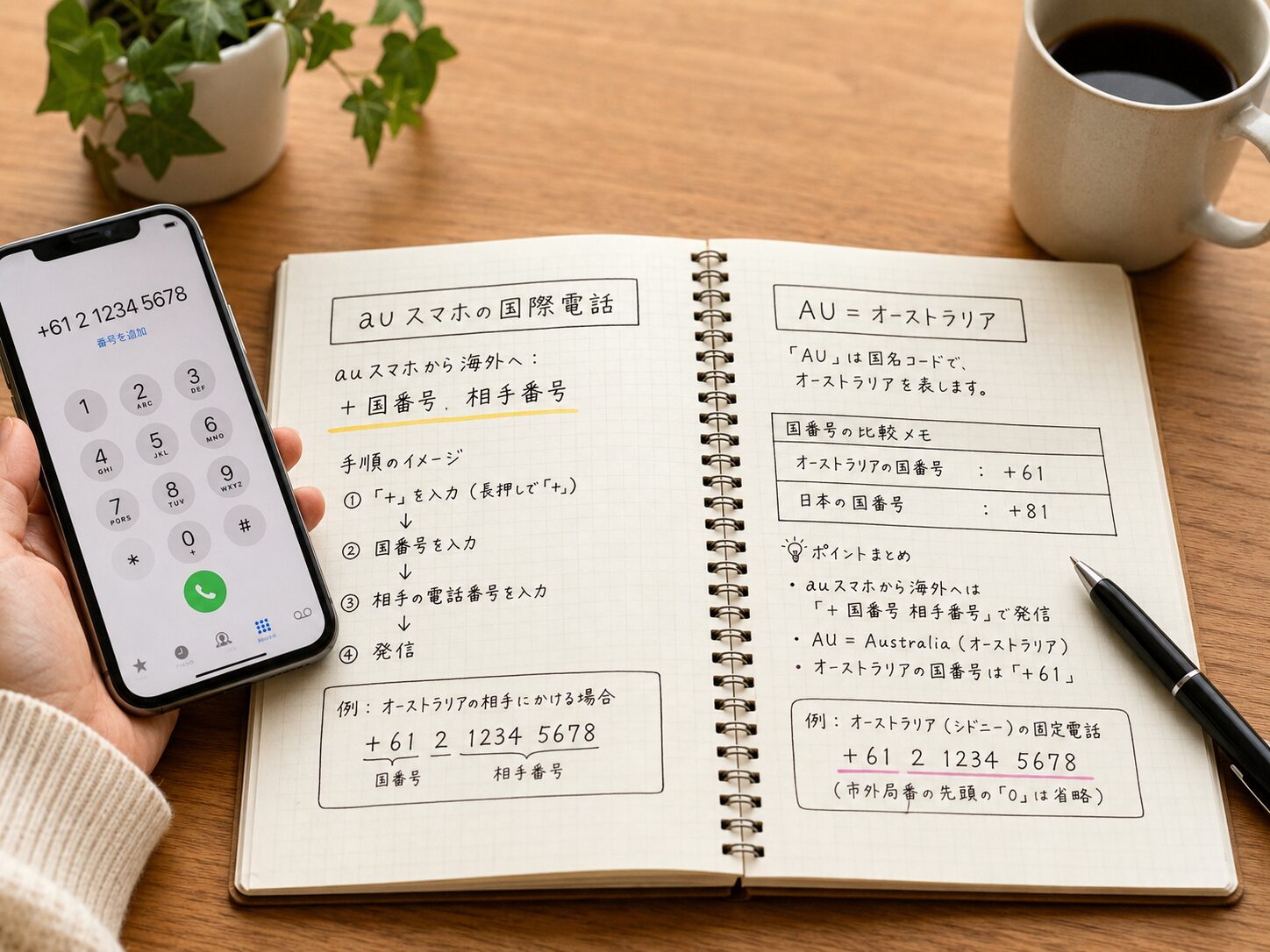 auスマホの国際電話とAUオーストラリアの国番号をノートで整理している写真