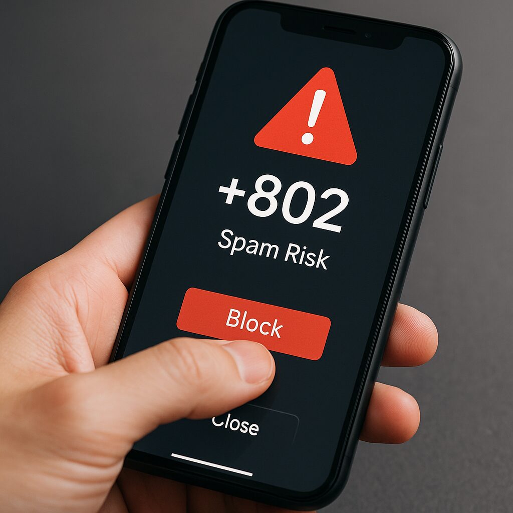 スマートフォンに+802の警告アイコンが表示され、ユーザーが迷惑電話をブロックしているイメージ画像
