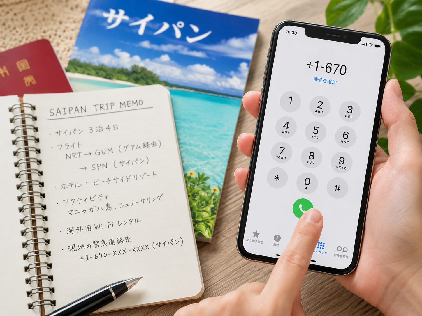 スマートフォンのダイヤル画面に+1-670から始まる番号を入力しているイメージ。無料写真素材で、スマホ、手元、サイパンへの国際電話番号、旅行メモが自然に写った画像を使用する