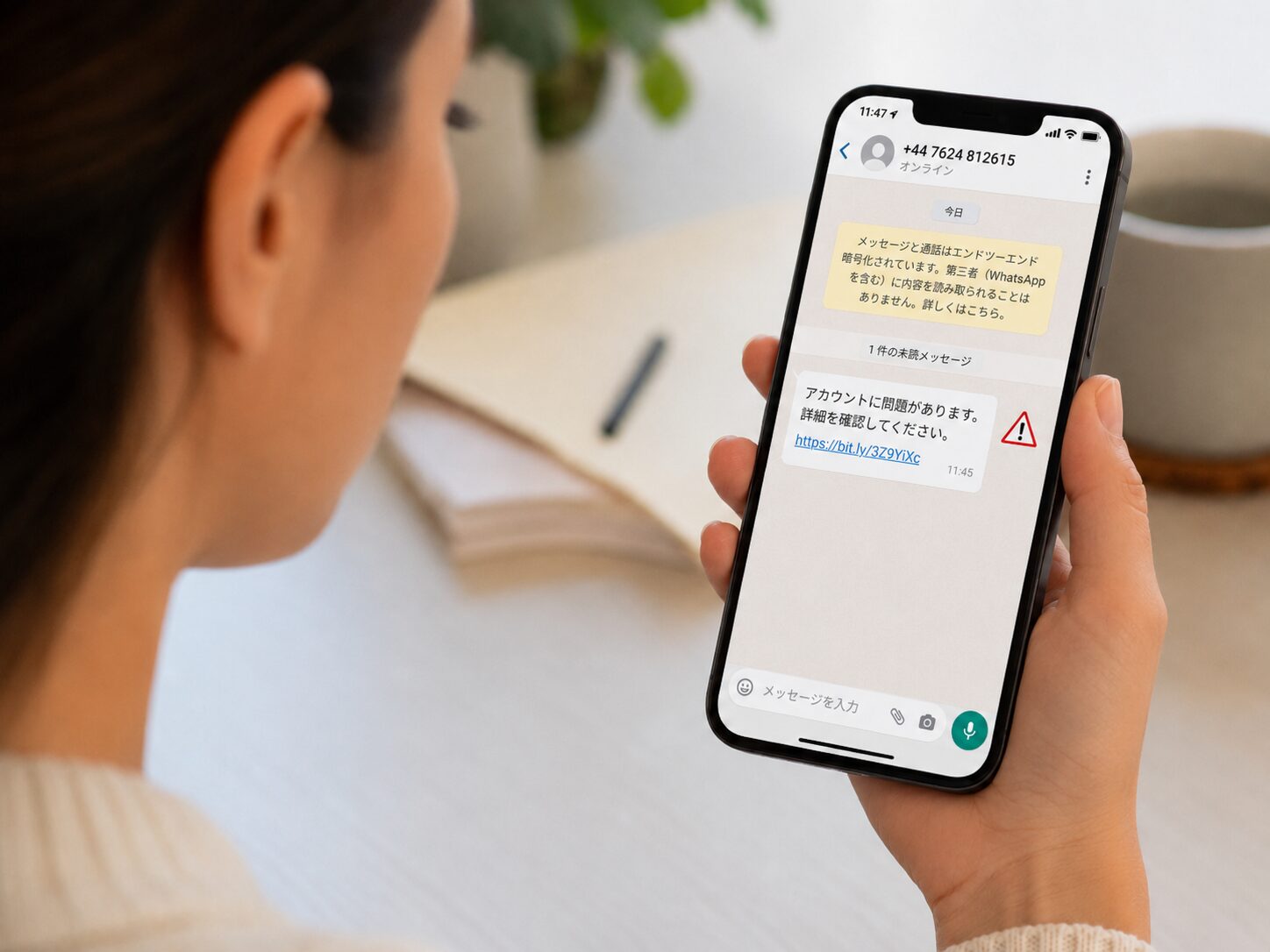 WhatsAppで+44から届いた不審なメッセージを確認し、返信前に注意しているスマートフォンのイメージ