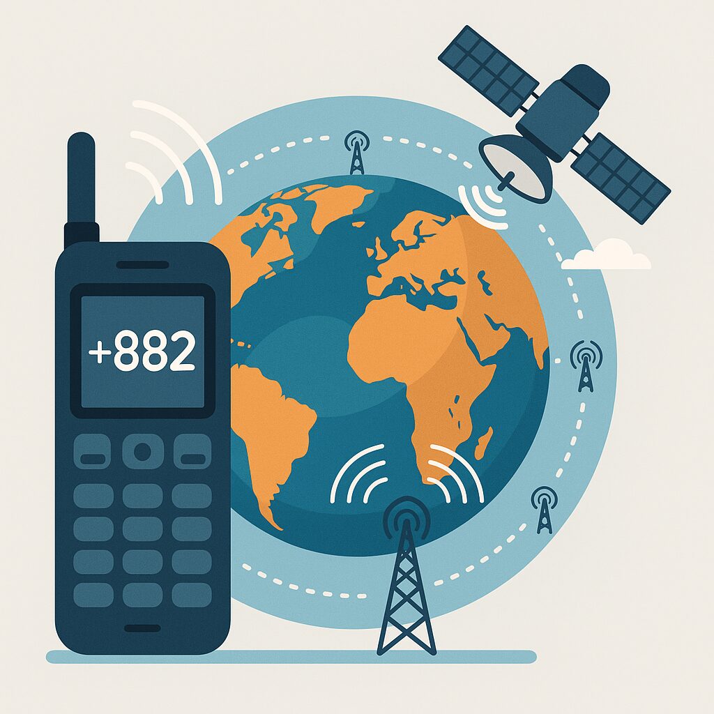 衛星電話と地球通信ネットワークを示すフラットデザインのイラスト