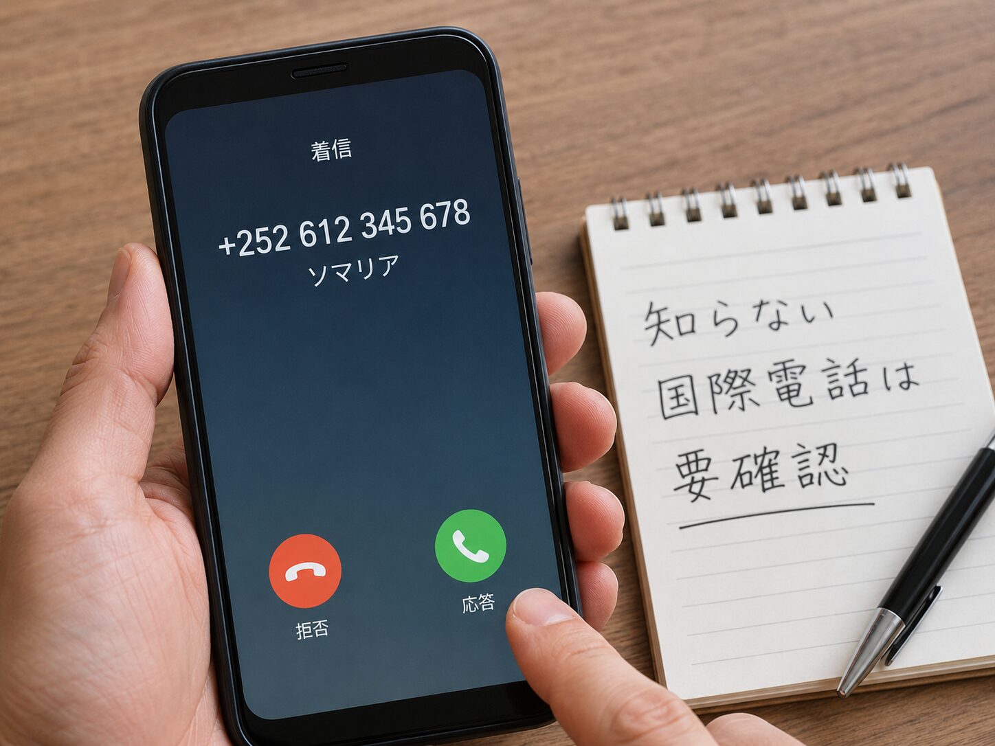 スマートフォンに+252から始まる知らない国際電話の着信があり、折り返す前に番号を確認しているイメージ。無料写真素材で、スマホ、着信履歴、注意メモ、手元が自然に写った画像を使用する