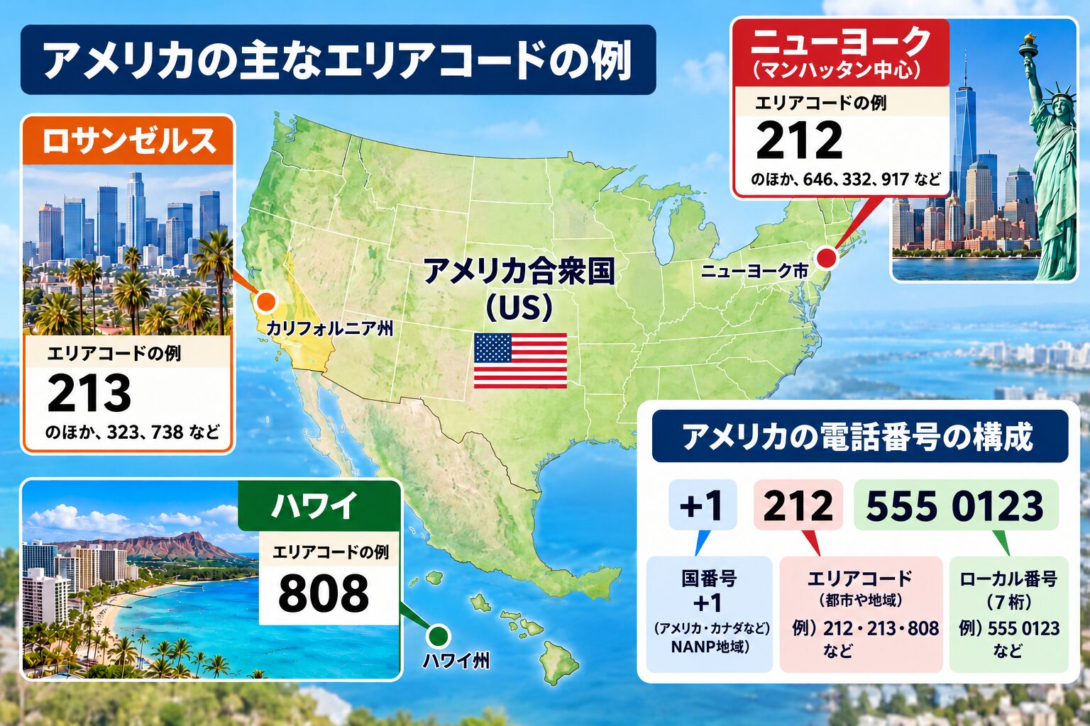 アメリカの地図上にニューヨーク、ロサンゼルス、ハワイが示され、212、213、808などのエリアコードを比較している写真風の無料素材