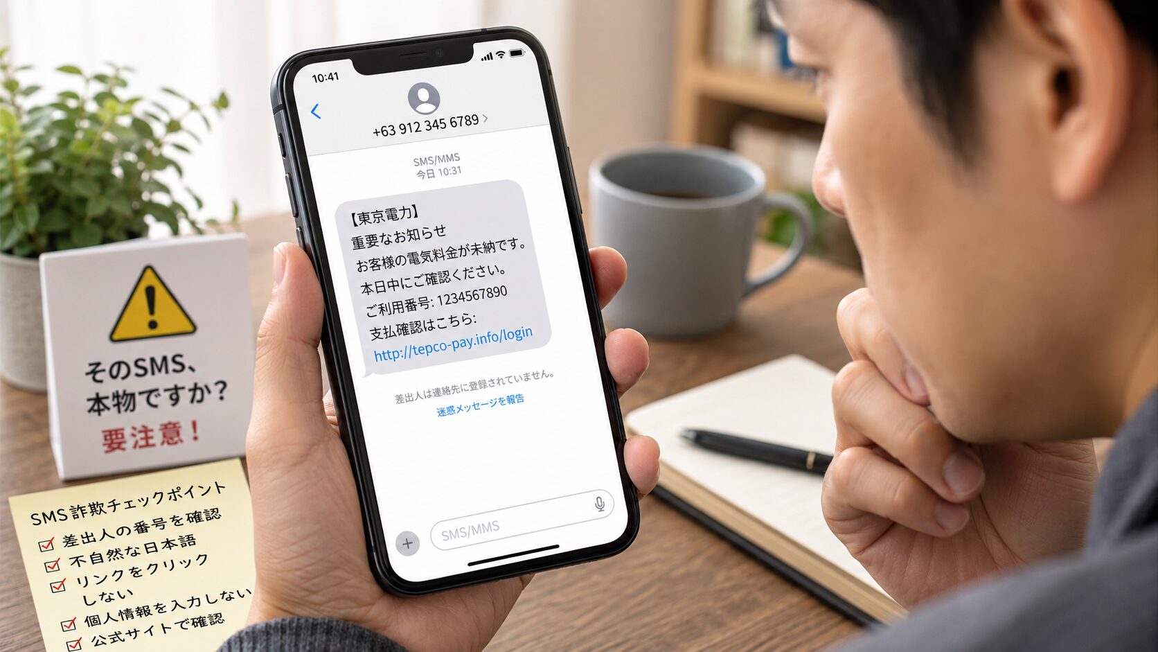 スマートフォンに国番号63から東京電力を名乗る不審なSMSが届き注意して確認しているイメージ