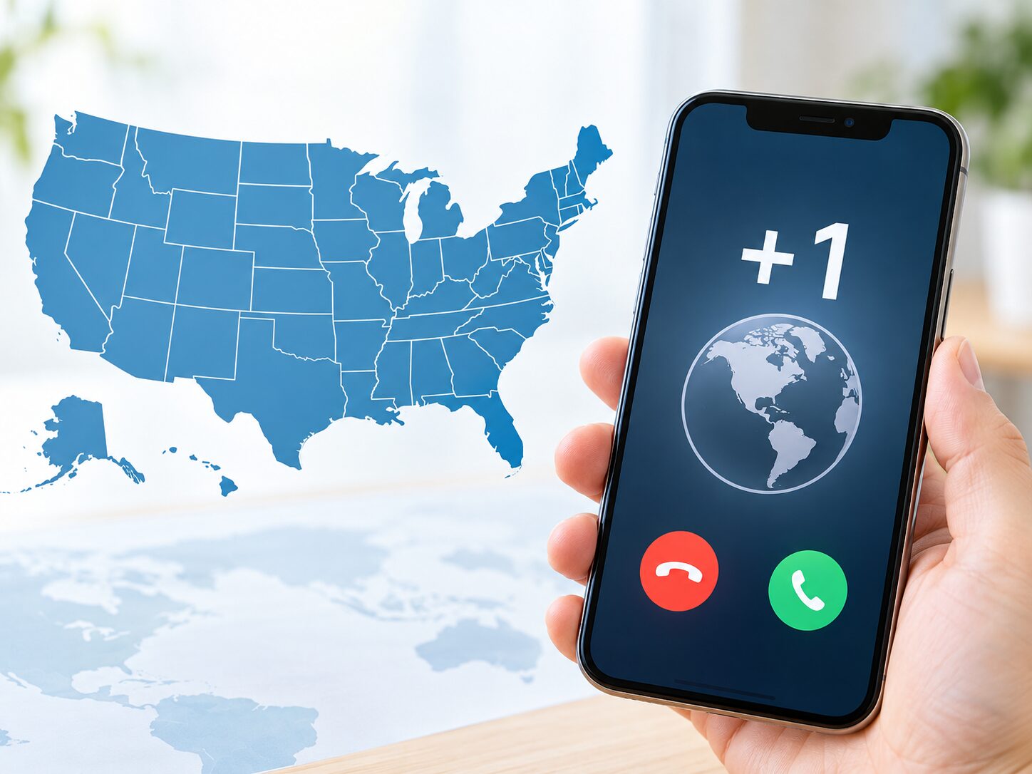 アメリカの地図とスマートフォンに国番号プラス1を表示した国際電話の無料素材風イメージ