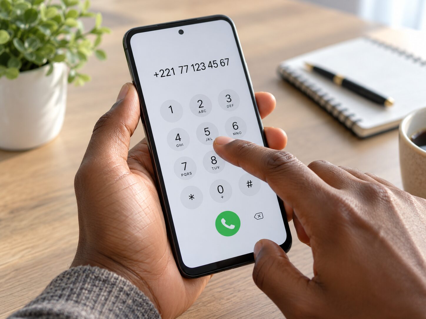 スマートフォンの電話アプリで+221から始まるセネガルの国際電話番号を入力している手元の写真。国際電話のかけ方に合う無料素材