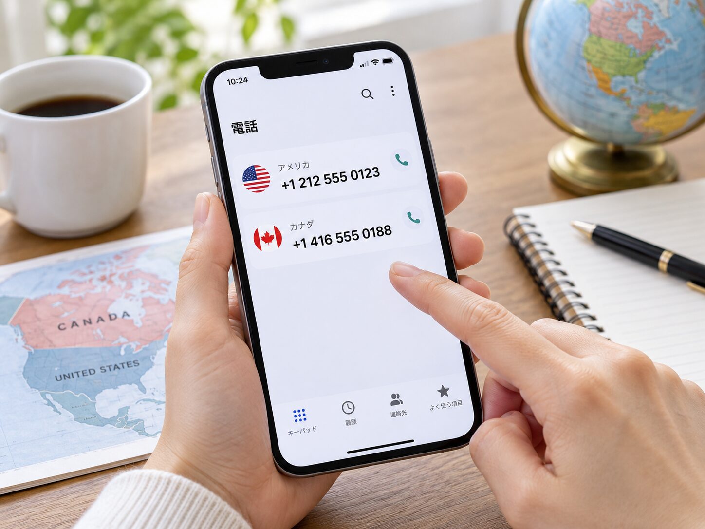 スマートフォンの電話アプリに+1 212と+1 416の番号が並び、アメリカとカナダのエリアコードを比較している写真。国際電話の番号確認方法を説明する無料素材