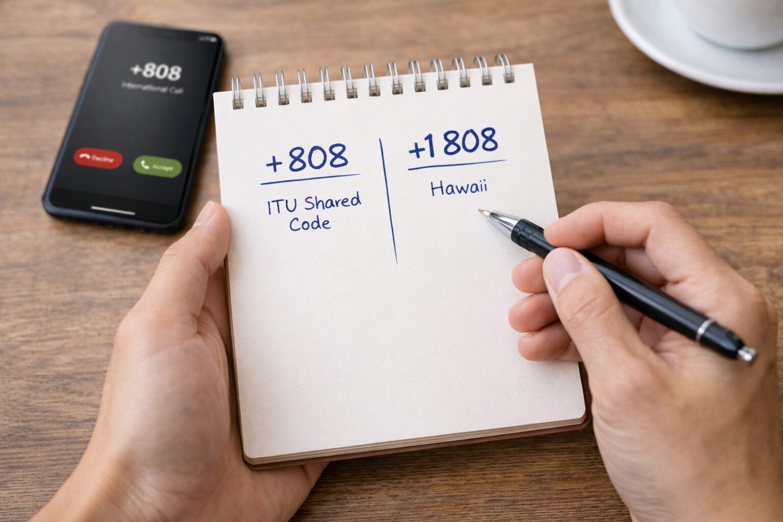 紙に+808と+1 808の違いを書き出して見比べているイメージ画像を配置。無料素材サイトでメモ帳とスマートフォン、ペンが写る写真を使用。