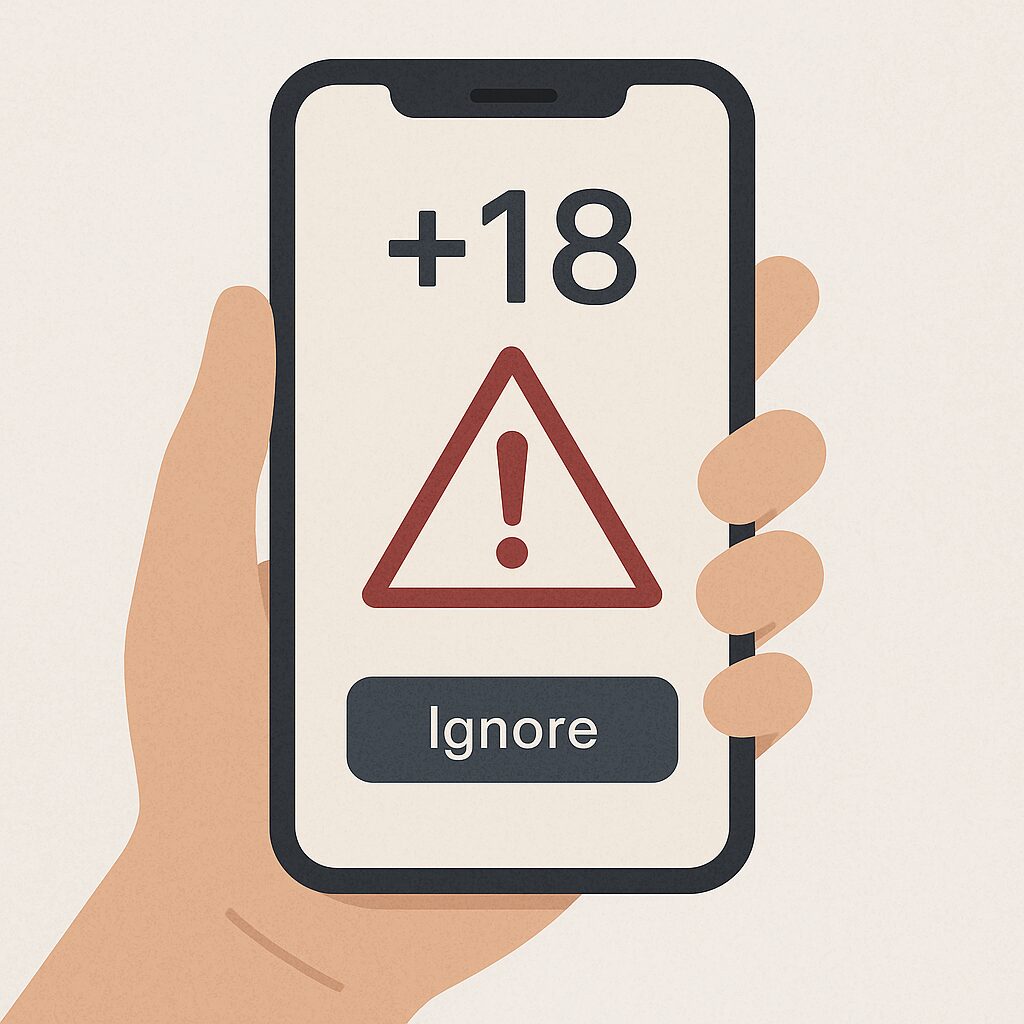 スマホ画面に+18の番号と警告マークが表示されている無料素材風イメージ画像