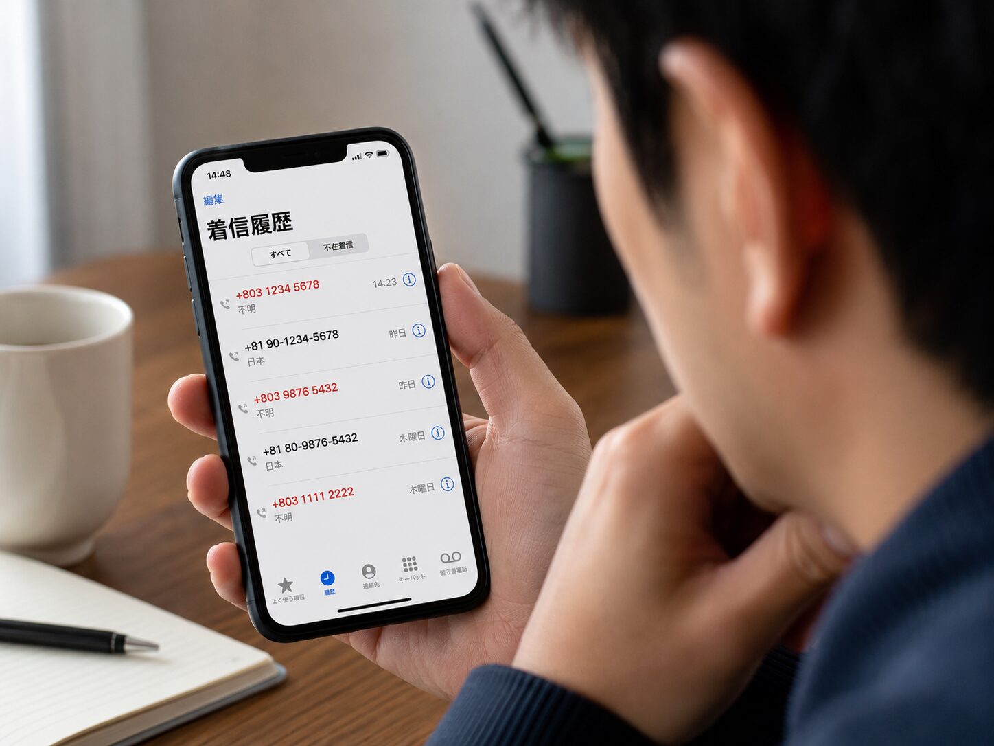 +803からの不審な着信履歴をスマートフォンで確認している写真