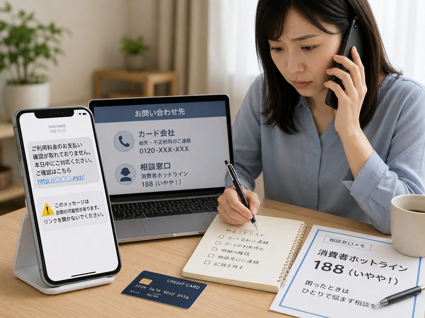 不審なSMSで支払いをしてしまいカード会社や相談窓口へ連絡しているイメージ