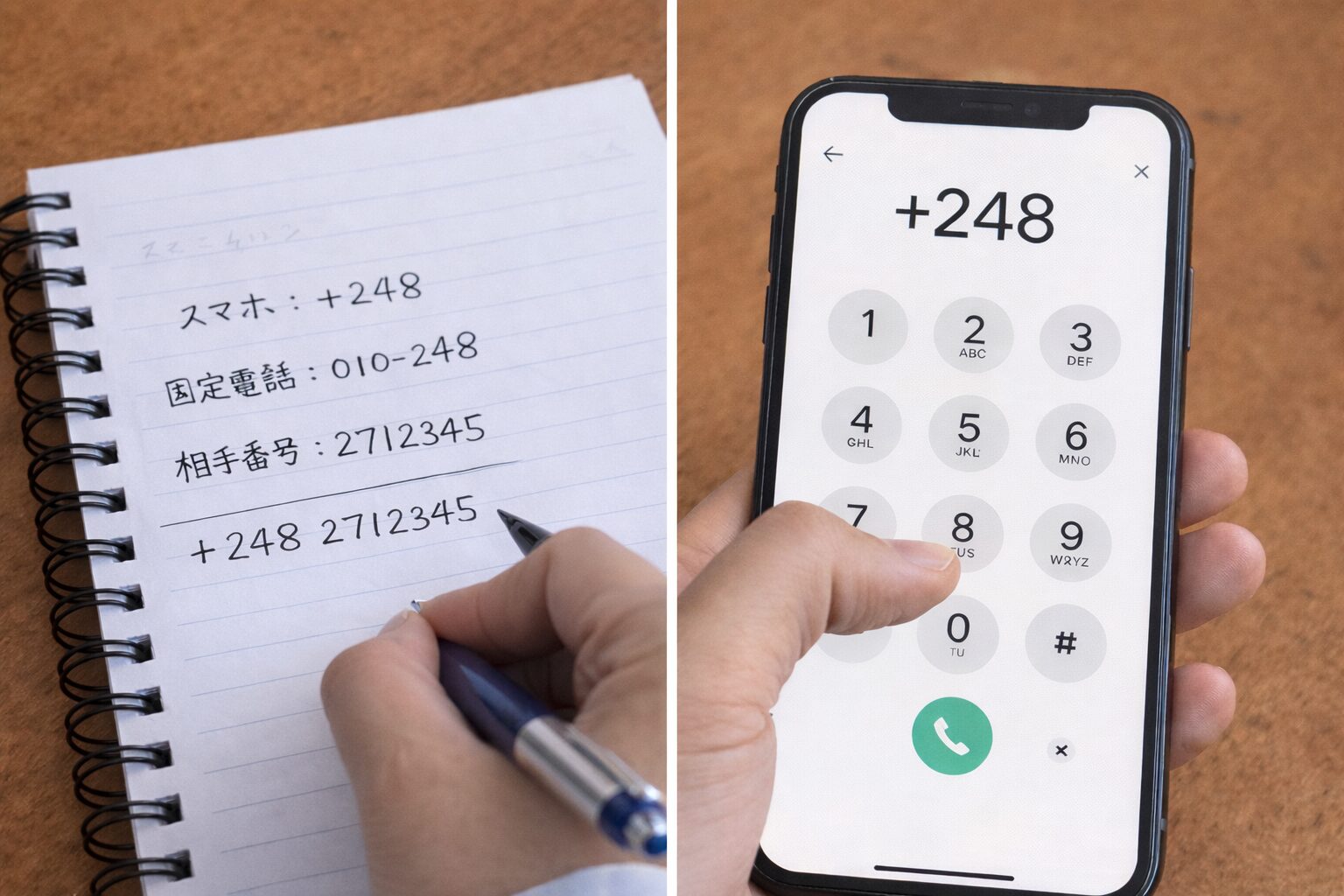 国際電話の発信方法や+248の入力例をメモしながらスマートフォンを操作している様子の無料写真素材向けイメージ画像