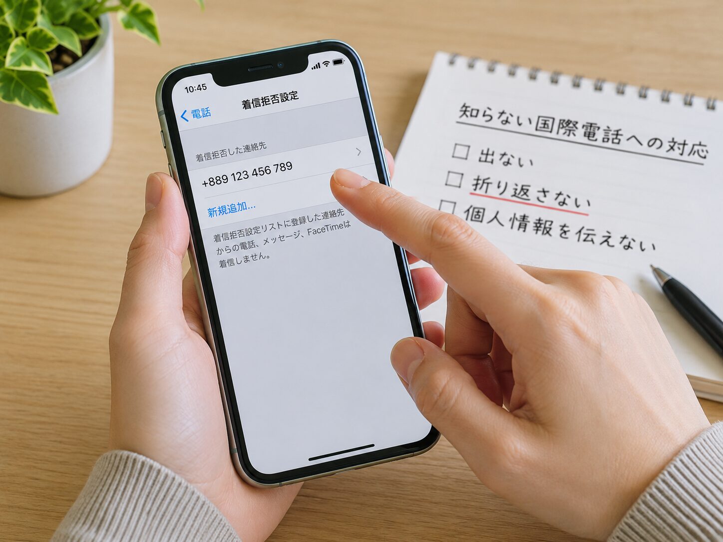 知らない+889番号を折り返さずスマートフォンの着信拒否設定を確認している写真