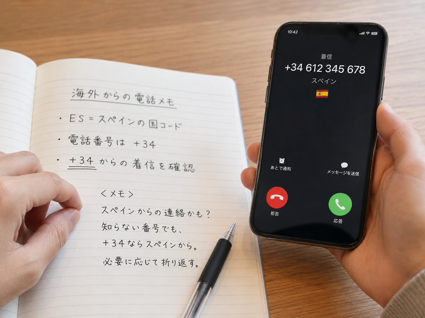 ノートにESはスペインの国コードで電話番号は+34と整理しながら海外からの着信を確認しているイメージ