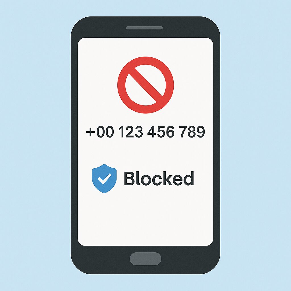 不審な海外番号をブロックしているスマートフォンのイラスト。安全対策を表すシンプルなフラットデザイン。