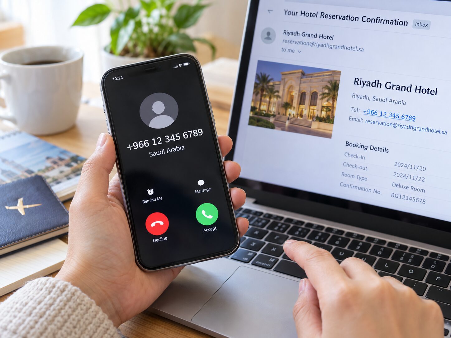 スマートフォンに+966から始まるサウジアラビアの国際電話着信が表示され、利用者がホテルの予約メールと番号を照合している写真。海外番号の迷惑電話対策向け無料素材