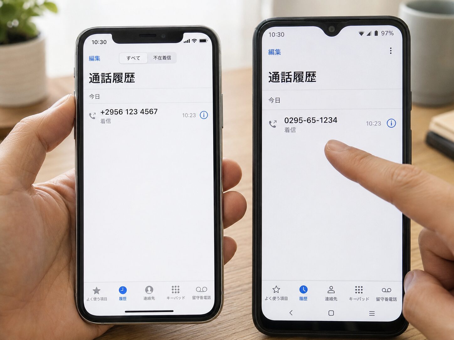 プラス2956から始まる国際形式の表示と茨城県の市外局番0295から始まる国内電話番号を比較している写真
