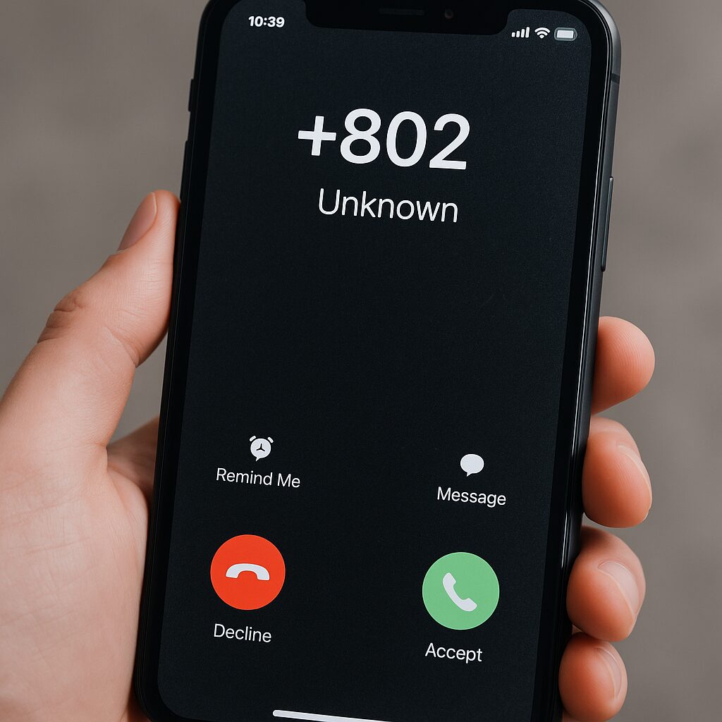スマートフォンに+802の不審な着信が表示されているイメージ画像