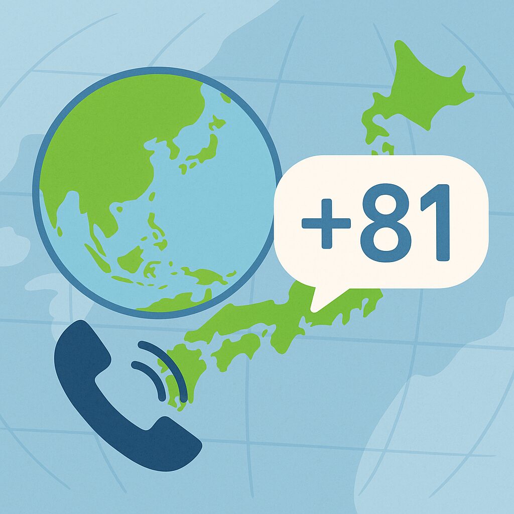 海外から日本へ電話をかけるイメージ。地球儀と日本の国番号+81の図。無料素材で入手できる通話イメージ画像。