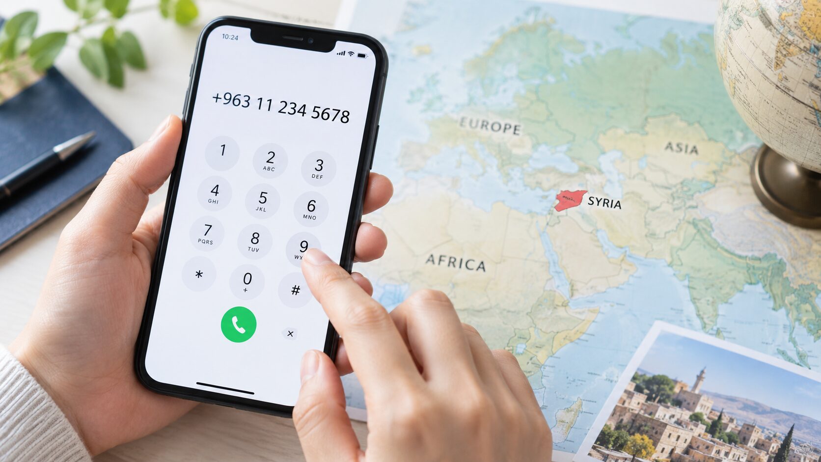 スマートフォンで国際電話番号を入力している手元と世界地図を写した写真。シリアの国番号963の記事に合う無料素材