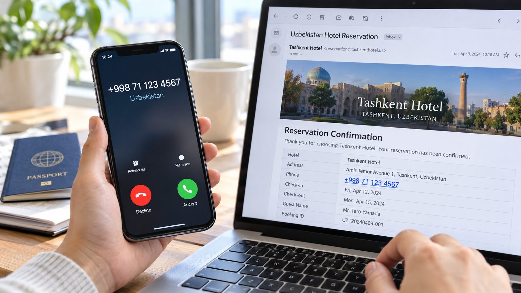 スマートフォンにプラス998から始まる国際電話の着信が表示され、ウズベキスタンのホテル予約メールに記載された電話番号と照合している写真風イメージ