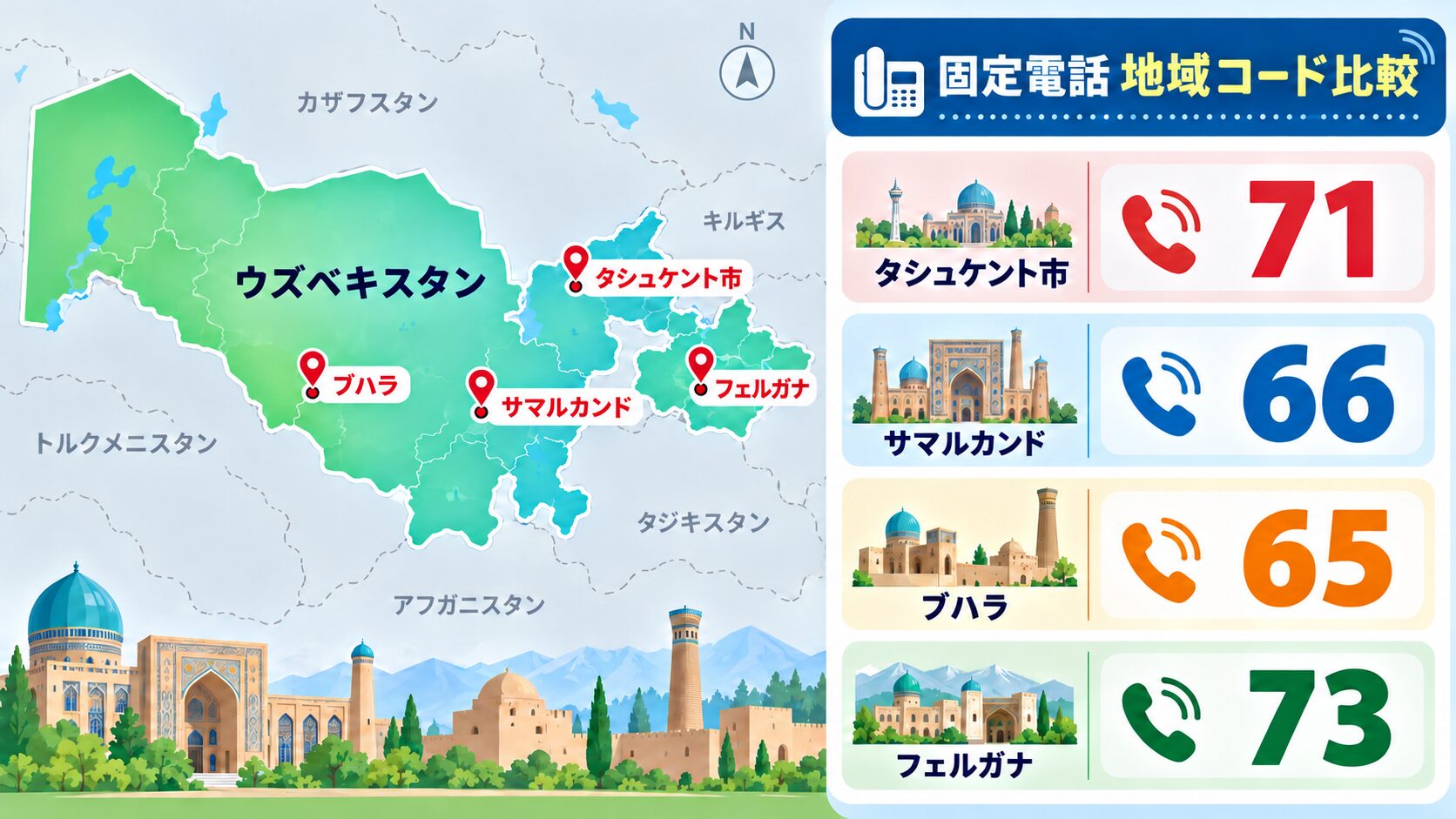 ウズベキスタンの地図にタシュケント、サマルカンド、ブハラ、フェルガナなどが表示され、71、66、65、73などの固定電話地域コードを比較できる無料素材風の画像