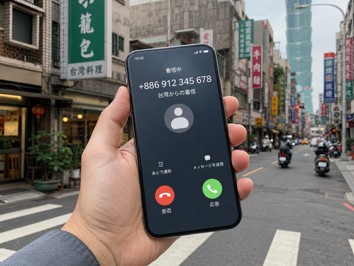 台湾の街並みとスマートフォンに表示された国番号886の着信を確認しているイメージ