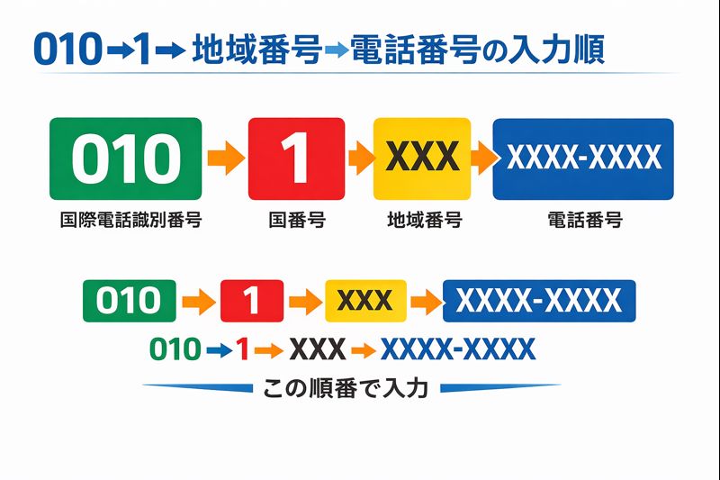 無料素材の例：010→1→地域番号→電話番号の入力順を図解したイメージ（フリー素材写真＋Canva等で矢印を重ねて作成可能）