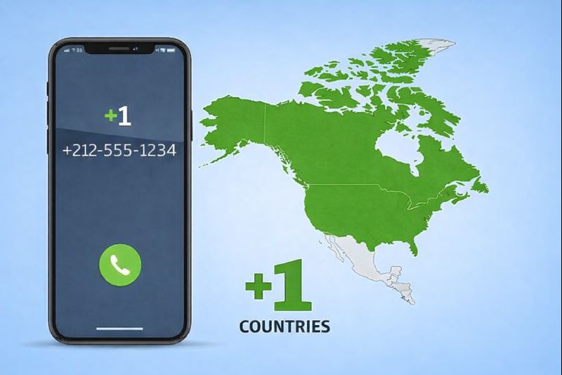 北米地域の電話番号体系をイメージしたスマートフォンと地図の無料素材